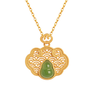 和田玉碧玉祥云葫芦如意纯银吊坠女中式国风长命锁金镶玉项链玉石