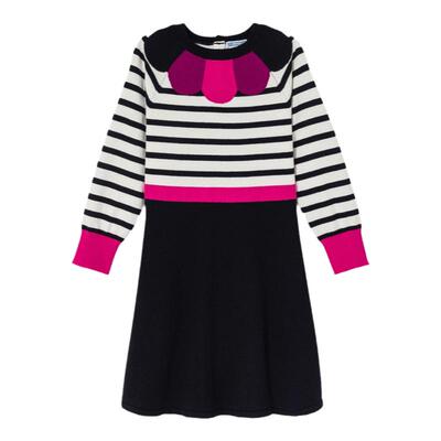 Jacadi亚卡迪法国女童羊毛混纺针织连衣裙春秋款条纹长裙2039596
