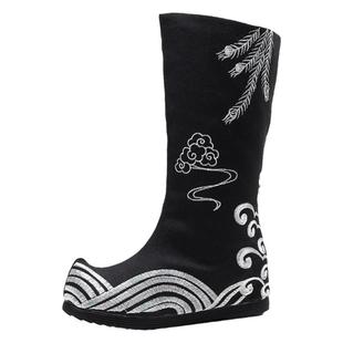 新款汉服靴子女古风侠客古装翘头内增高长靴中国风绣花布靴复古风