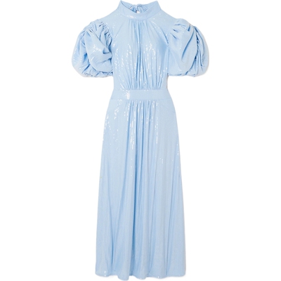 Rotate 夏季女蓝色缩褶亮片绉纱法式连衣裙