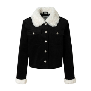 RPB BRAND夹棉毛领外套女秋冬小香风高级藏黑色毛绒保暖短款夹克