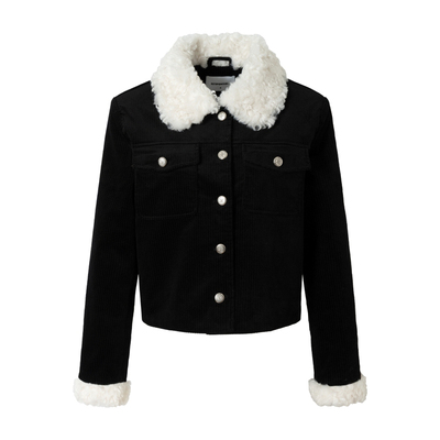 RPB BRAND夹棉毛领外套女秋冬小香风高级藏黑色毛绒保暖短款夹克