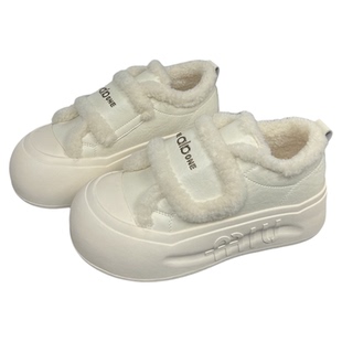 真皮厚底魔术贴毛毛小白鞋女2025冬季新款加绒保暖懒人百搭板鞋