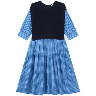 BEANPOLE滨波 女士复古学院风褶皱圆领针织假两件拼接格纹连衣裙