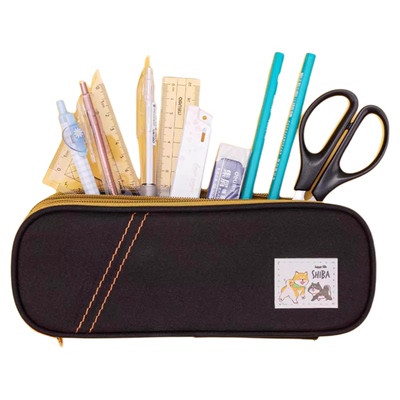得力柴犬风格笔袋大容量三层笔袋加厚文具盒牛津布拉链铅笔盒耐磨优质高颜值简约多层文具收纳袋