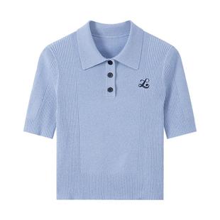 【航海系】LILY2025新款PLOL领短款小上衣轻薄蓝色短袖针织衫女