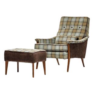 单人沙发美式沙发老虎椅布艺休闲椅美式椅子舒服格子复古实木单椅