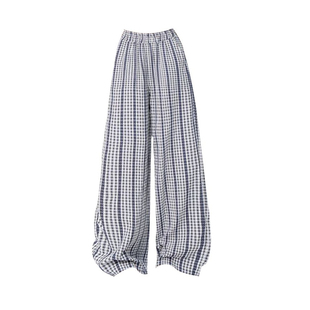 蓝色拼接蕾丝格子裤女春夏高腰百搭垂感宽松慵懒风休闲阔腿长裤