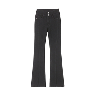 黑色微喇叭牛仔裤女高腰春秋搭配小个子150cm显高前开叉喇叭裤子