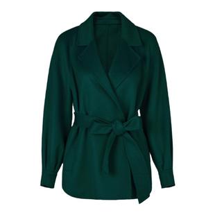 曼德诗全羊毛双面呢宽松短款大衣女2024冬季新款灯笼袖纯色外套