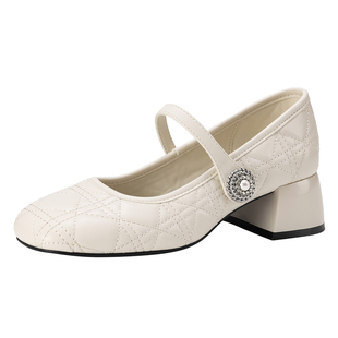 达芙妮法式玛丽珍女鞋2026春季粗跟高跟鞋白色小皮鞋女配裙子单鞋