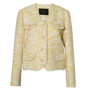 罗衣小香风粗花呢短款外套女春季独特漂亮亮丝修身黄色上衣11184