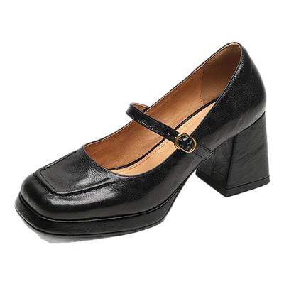 法式复古浅口方头高跟鞋7cm粗跟真皮一字扣带女鞋JK防水台玛丽珍