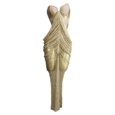 新款吊带表演服带钻露背连衣裙