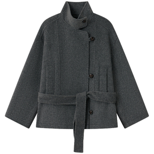 Halo Luu 羊毛灰色大衣女秋冬毛呢外套立领短款小个子气质高级感