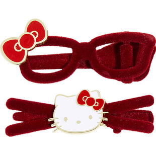 兰诺HelloKitty正版授权红色丝绒新年发夹女蝴蝶结眼镜对夹鸭嘴夹