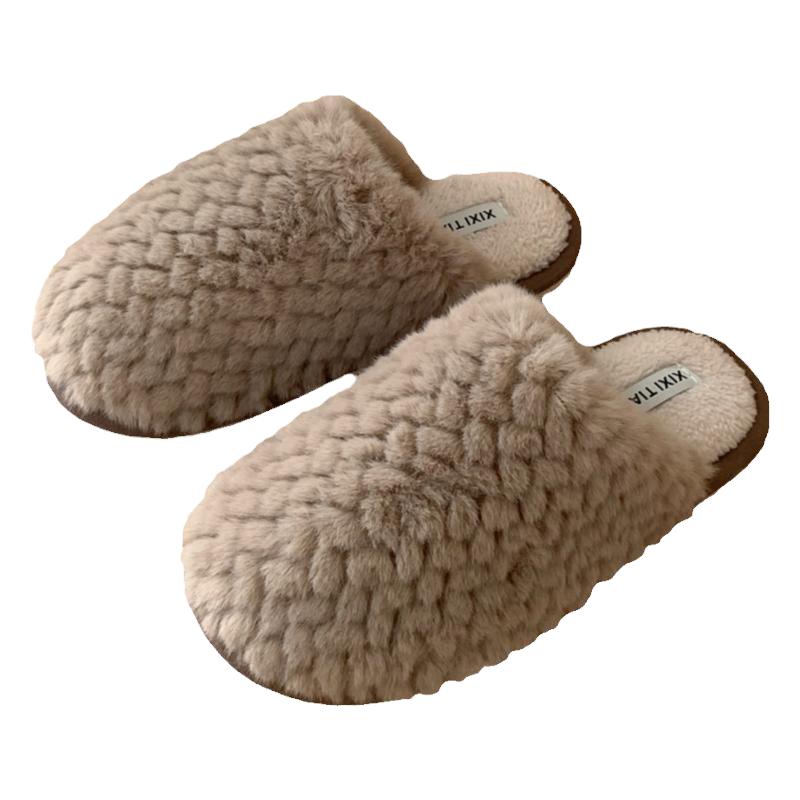 细细条 棉拖鞋男士冬季情侣时尚简约室内防滑保暖毛绒绒居家棉鞋