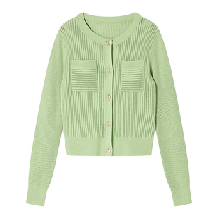 Goodland美地女装春季清新绿色假两件设计针织开衫上衣