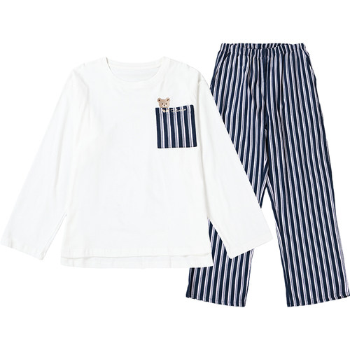 tutuanna春秋全棉睡衣女 小熊条纹简约透气长袖圆领家居服套装女