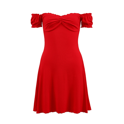 法式红色一字肩a字连衣裙