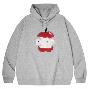 PSO Brand 男装女装可爱苹果小狗毛绒贴布绣宽松情侣连帽卫衣外套