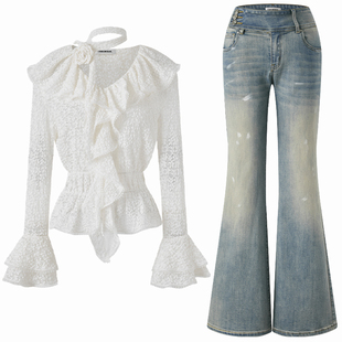 Eimismosol2026新款法式蕾丝荷叶边收腰衬衫女长袖V领小衫