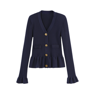 【商场同款】X--MOOM2025秋季新款小香风V领荷叶边收腰针织开衫