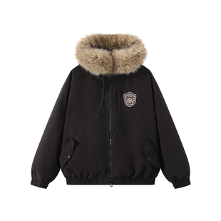江南先生NewJNXS学院风可拆卸大毛领徽章连帽宽松派克棉服羽绒服