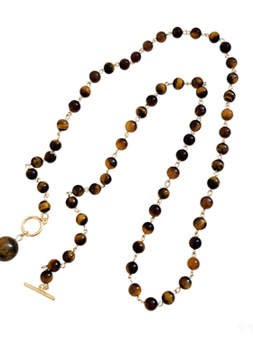 咖色虎眼石串珠项链女