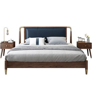 北欧风格白蜡木实木床胡桃色轻奢床铜脚双人卧室真皮床意式家具