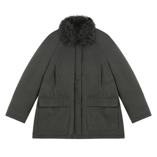 【莱特】真毛领羊毛翻领+95白鹅绒中长款廓形显瘦派克羽绒服-YRF2