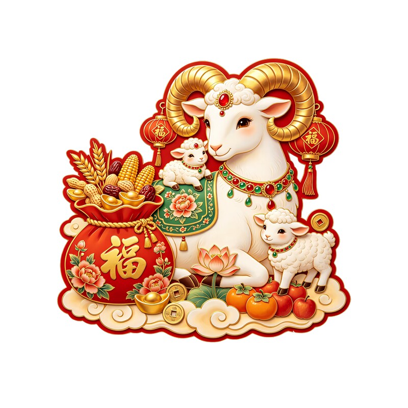 国风三羊开泰墙贴福袋五谷莲花柿子祥云元宝新年喜庆防水装饰贴纸