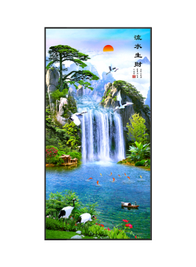 流水生财挂画竖版玄关壁画瀑布风景客厅办公室聚财走廊过道装饰画