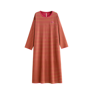 家乐芬睡裙女士睡衣春秋款秋季条纹长袖莫代尔长款多巴胺色系休闲