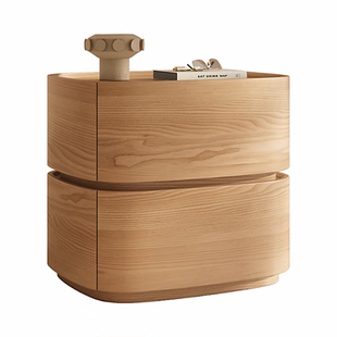 现代简约实木床头柜卧室家用椭圆形储物收纳柜原木色床边柜