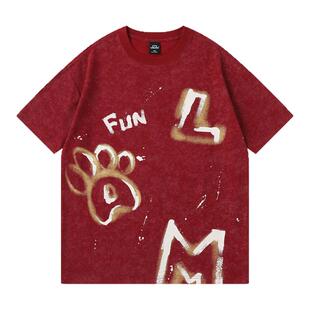 LAMLICKA熊掌涂鸦红色上衣内搭黑色打底衫男款潮春季短袖宽松t恤