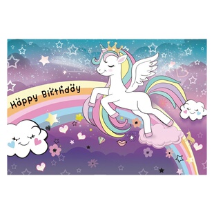 女宝孩周岁生日背景布满月百日宴场景布置装饰粉色独角兽海报挂布