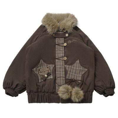 pinksavior【小熊饼干】华夫格棉服冬温暖棕色系拼布长裤内搭套装