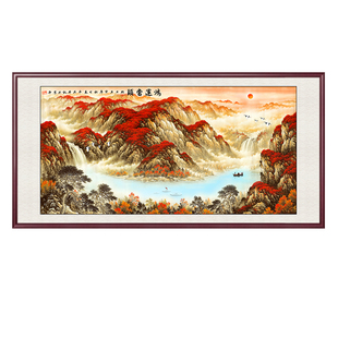 鸿运当头国画客厅装饰画旭日东升山水挂画东墙风景画办公室背景画