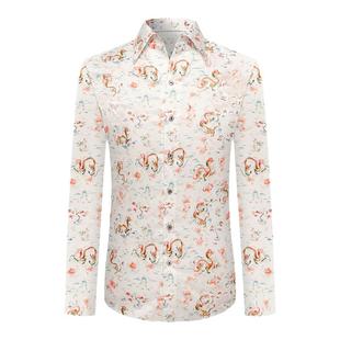 本派国风龙纹印花短袖衬衫男夏季白色意式一片领棉质长袖休闲衬衣