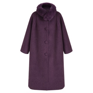 SeRinaBlue2026年春季新款紫色大毛领长款女士羊毛大衣双面呢外套