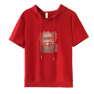红色印花连帽卫衣女薄款短袖2025春装新款爆款春秋女款小个子上衣