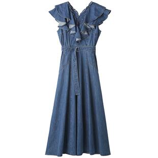 SNIDEL秋冬款荷叶领收腰腰带小飞袖牛仔连衣裙SWFO244260