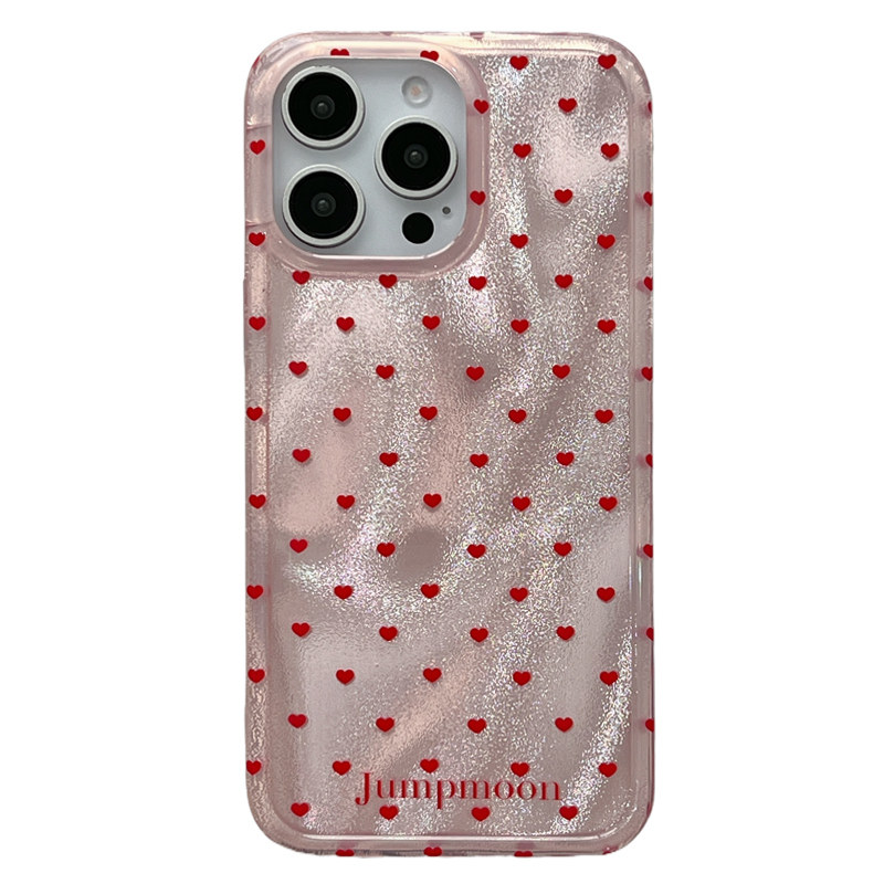 ins风红色爱心立体指环扣适用16苹果15promax手机壳iphone14pro新款13女款12闪粉褶皱14少女13p