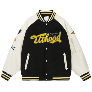 GUUKA黑色美式棒球棉服男冬加厚 余承恩同款拼接PU皮棉衣外套宽松