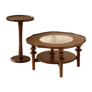 中古实木茶几客厅家用轻奢高级感花边玻璃茶几法式复古创意圆桌