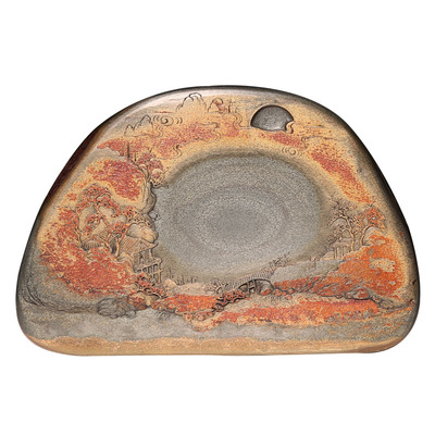 非遗安徽歙砚石壁秋妆高档手工雕意境山水大砚台老坑鱼籽金晕天然原石文房四宝礼品精品摆件送礼砚台