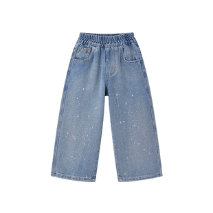 皇室童缘女童泼墨牛仔裤春季2026新款儿童百搭直筒长裤中大童裤子