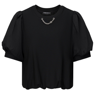 FF仿佛醋酸T恤2025年秋季新款拼接黑色显瘦简约圆领链条短袖上衣
