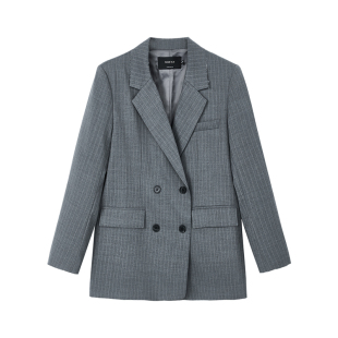 时尚灰条纹双排扣西装外套女MOFAN摩凡2025秋冬显瘦休闲西服套装